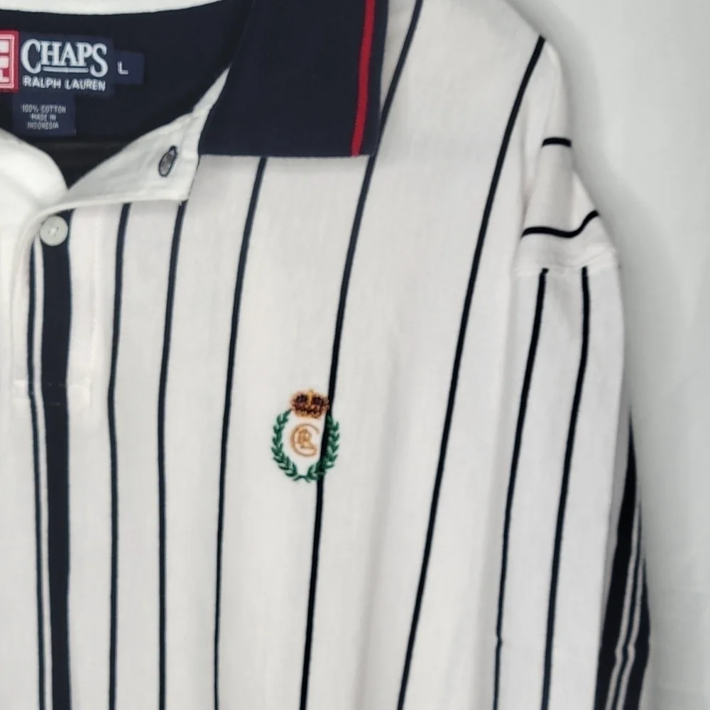 Vintage 90s Chaps Ralph Lauren Striped Polo Shirt Size Large in Blue White Red